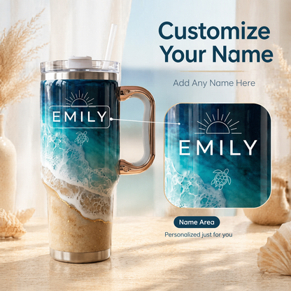 Personalized Coastal Oasis Tumbler with Rose Gold Handle