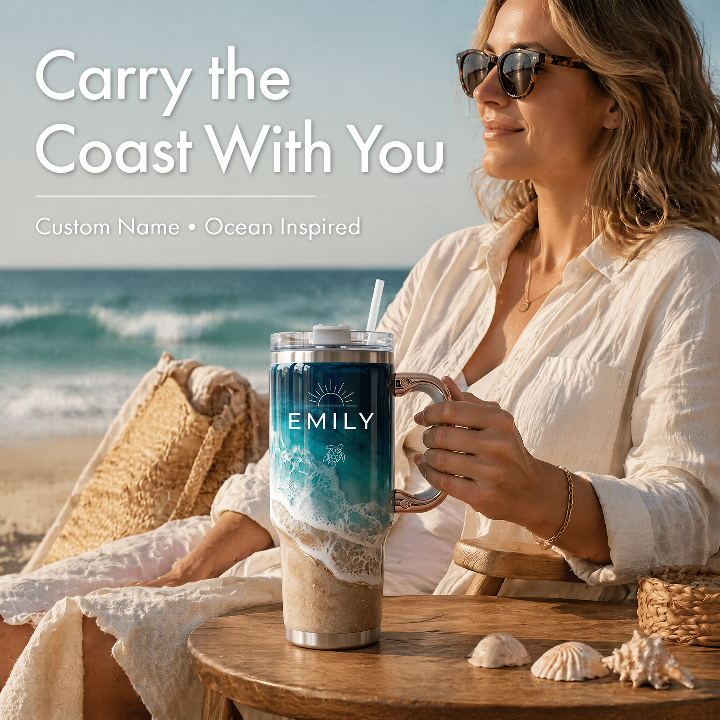 Personalized Coastal Oasis Tumbler with Rose Gold Handle