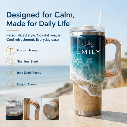 Personalized Coastal Oasis Tumbler with Rose Gold Handle