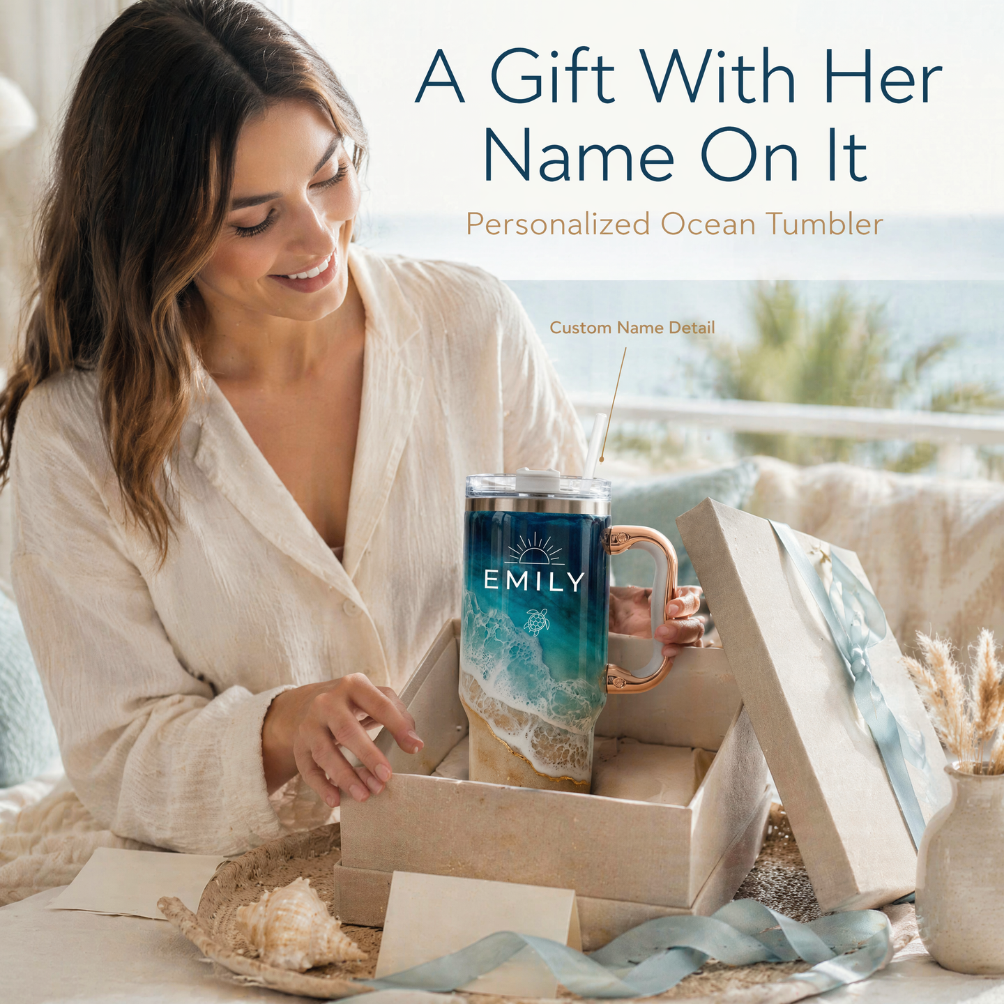 Personalized Coastal Oasis Tumbler with Rose Gold Handle