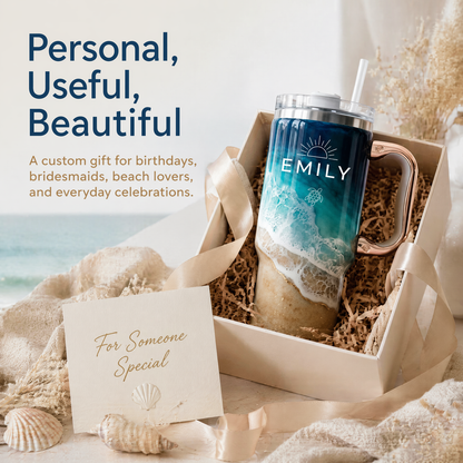 Personalized Coastal Oasis Tumbler with Rose Gold Handle