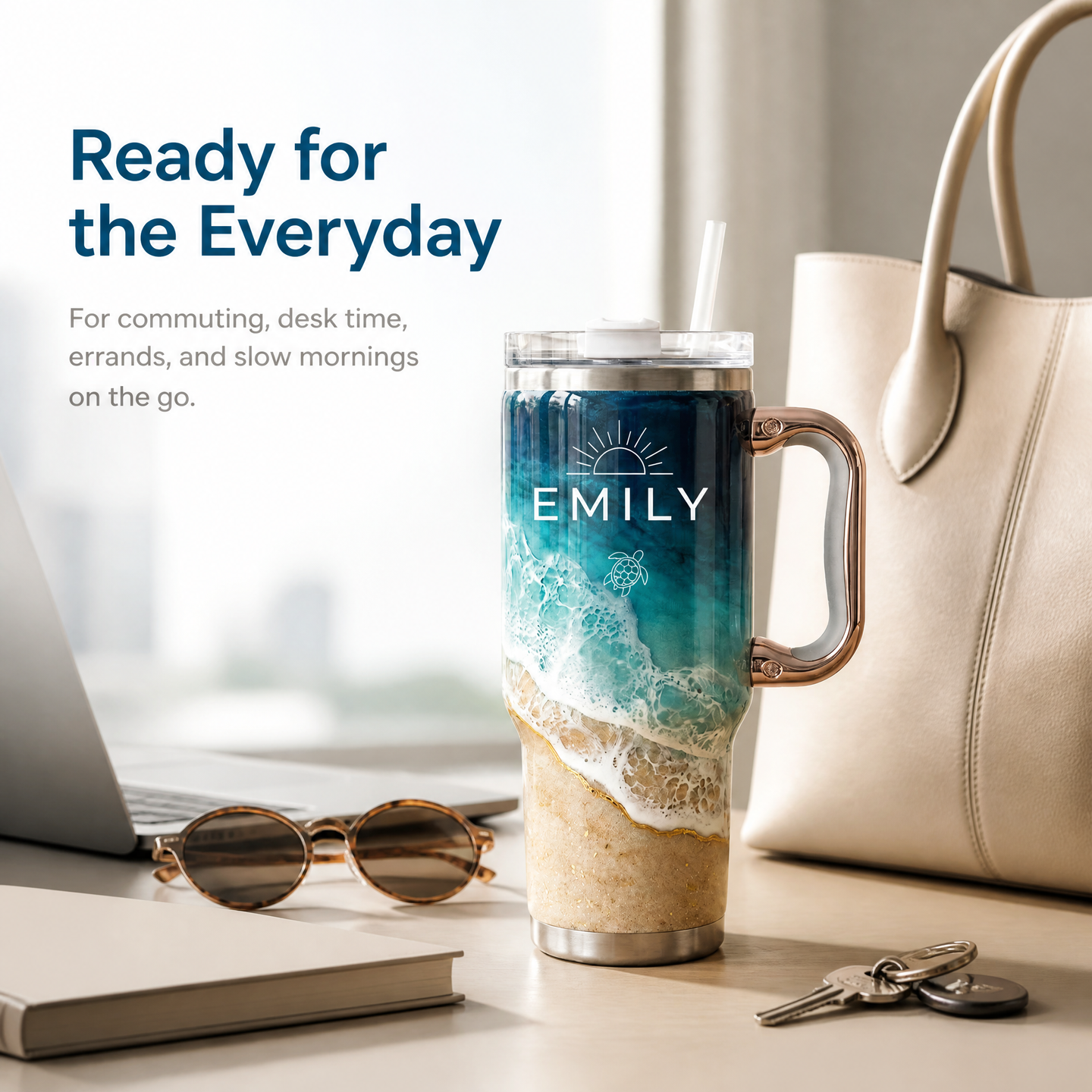 Personalized Coastal Oasis Tumbler with Rose Gold Handle