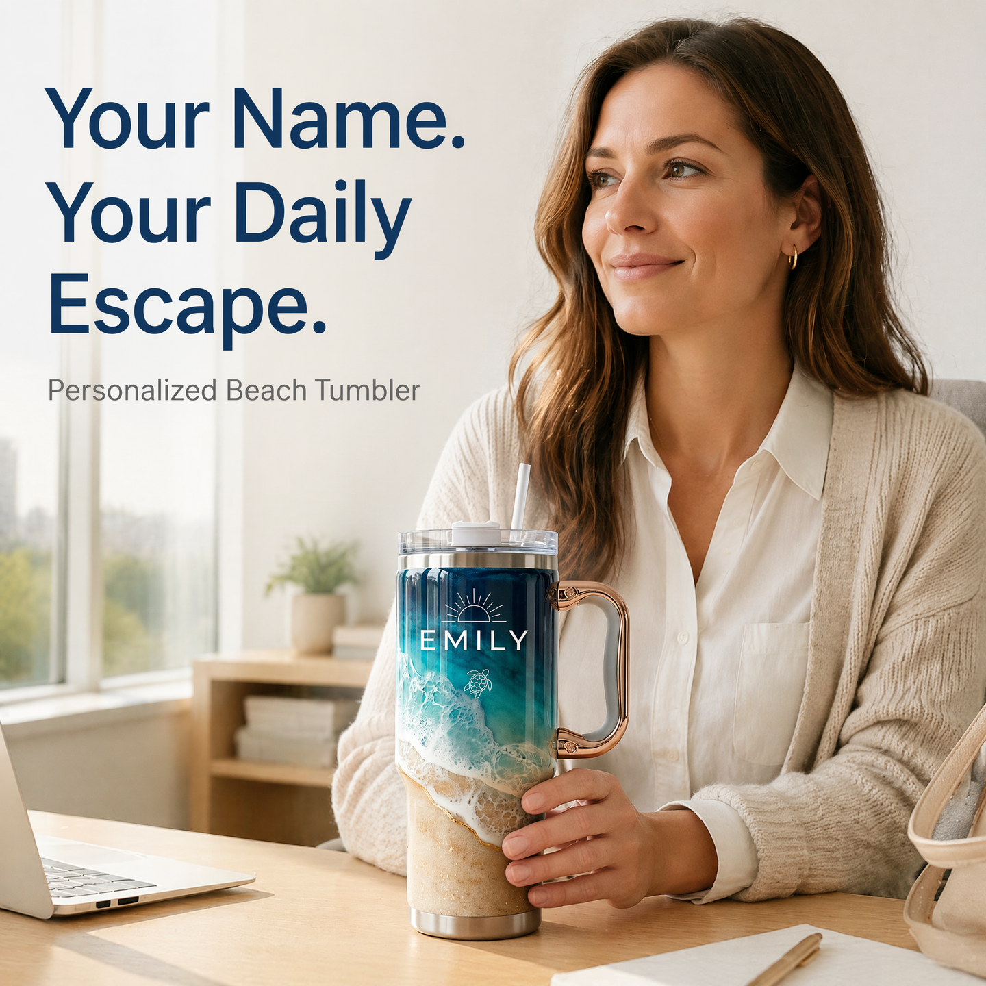 Personalized Coastal Oasis Tumbler with Rose Gold Handle