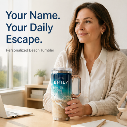 Personalized Coastal Oasis Tumbler with Rose Gold Handle