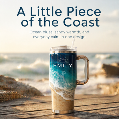 Personalized Coastal Oasis Tumbler with Rose Gold Handle