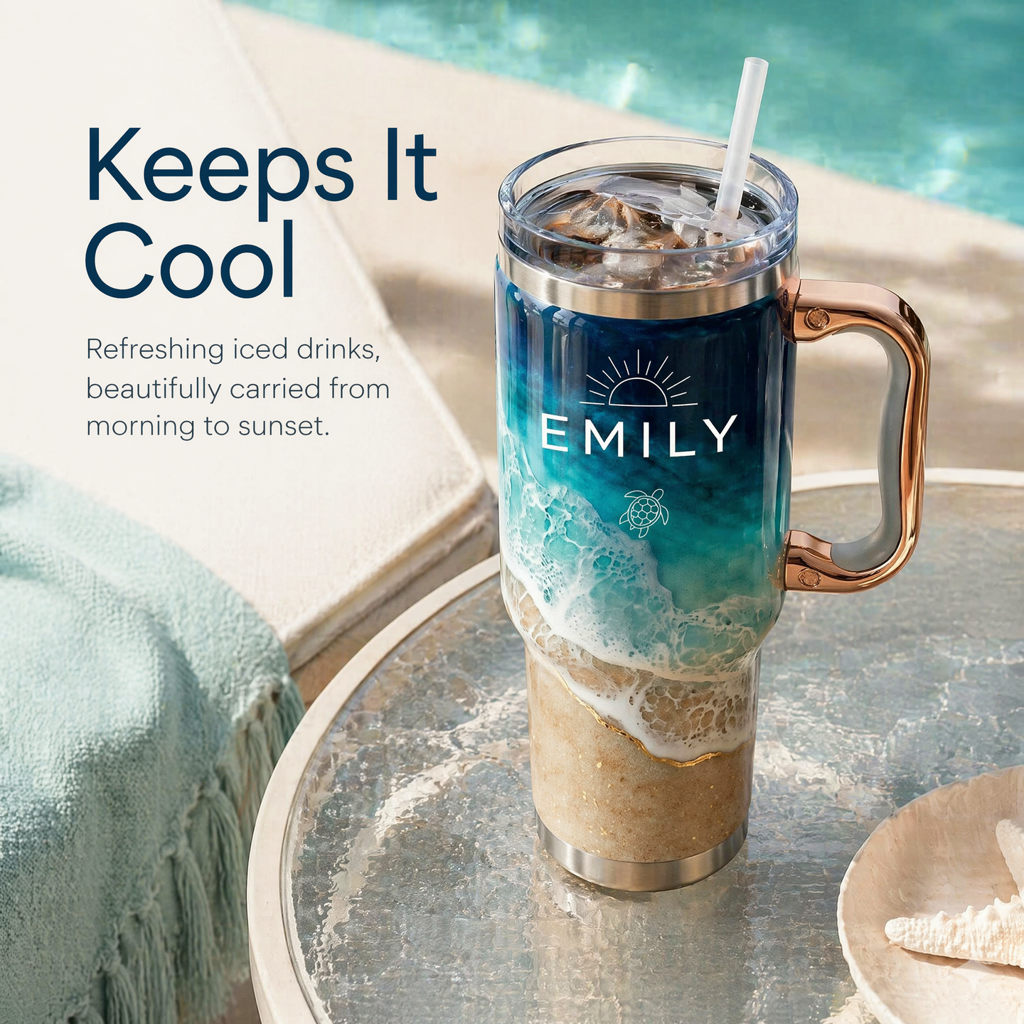 Personalized Coastal Oasis Tumbler with Rose Gold Handle