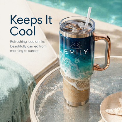 Personalized Coastal Oasis Tumbler with Rose Gold Handle