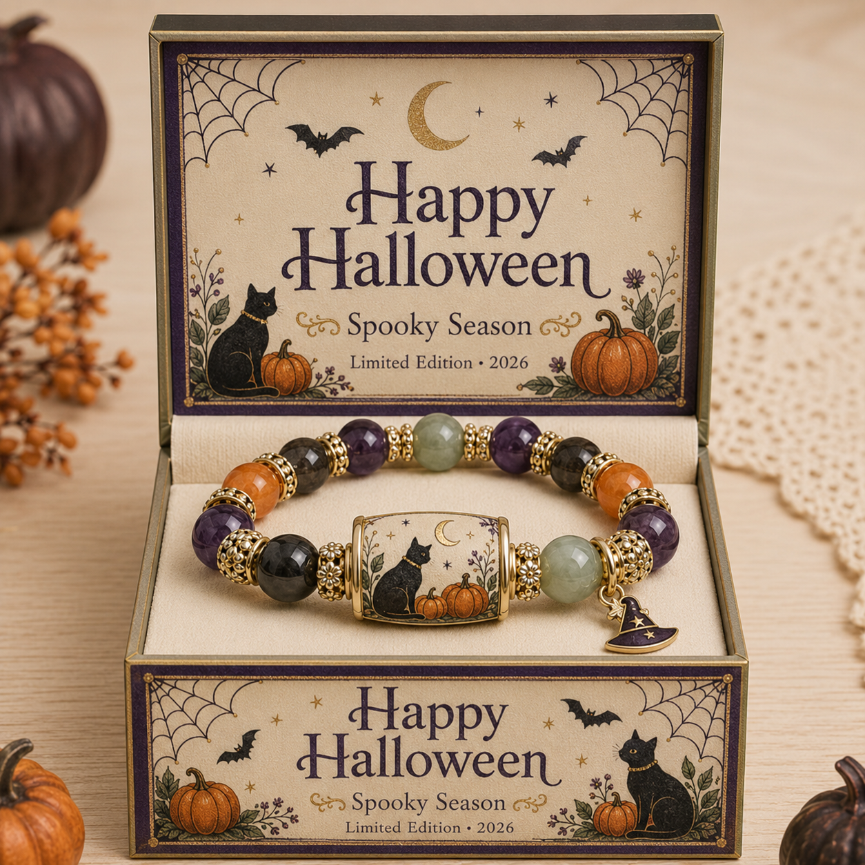 🎃 Limited Edition 2026 Halloween Black Cat Pumpkin Beaded Bracelet Gift Set