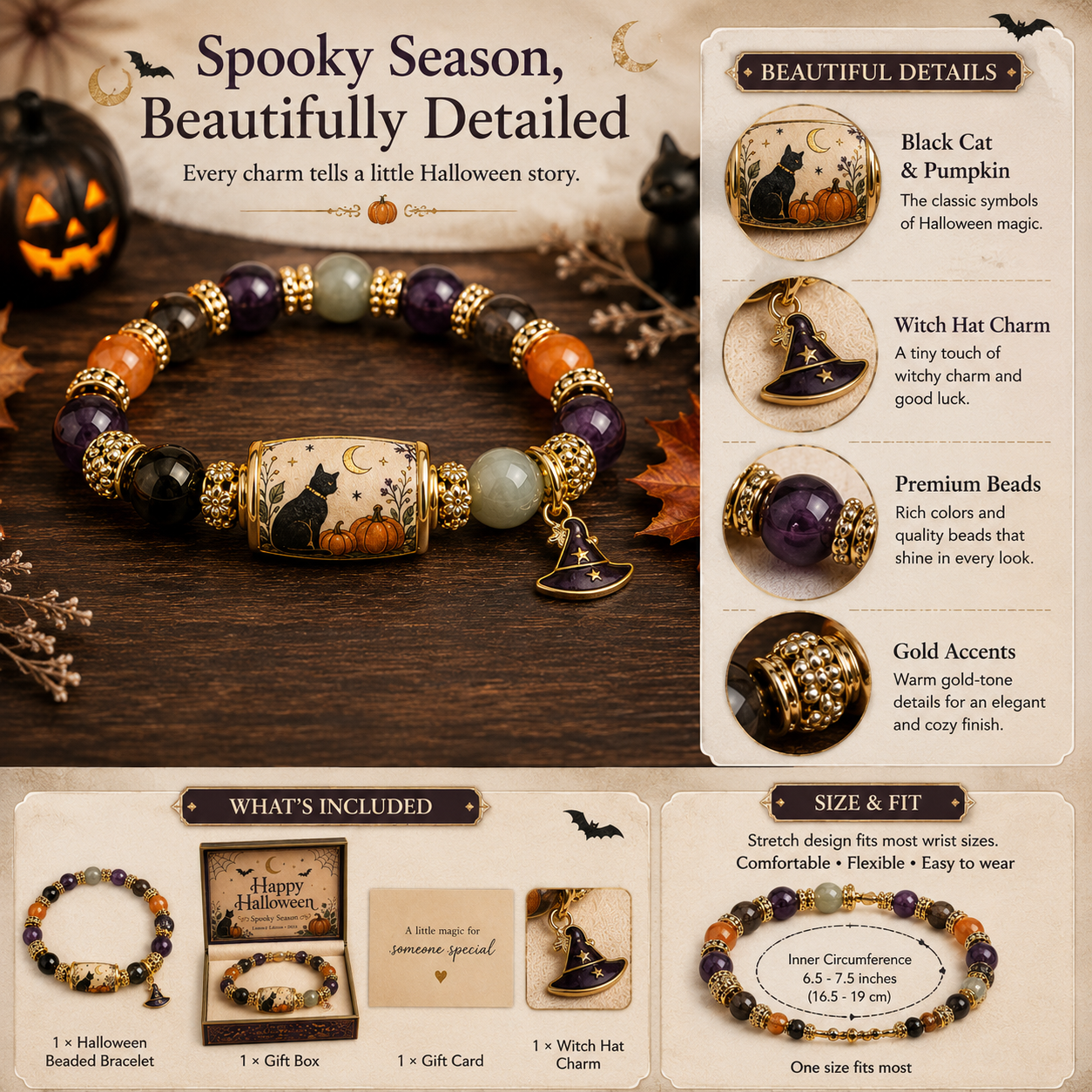 🎃 Limited Edition 2026 Halloween Black Cat Pumpkin Beaded Bracelet Gift Set