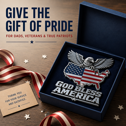 🦅 God Bless America Metal Emblem — Bald Eagle with U.S. Map Design