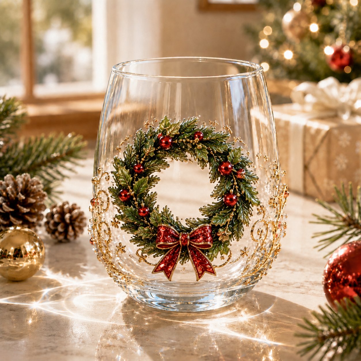 🎄🥂Christmas Stemless Wine Glass – Celebrate the Season with Every Sip