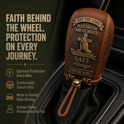 🙏 "Traveler's Blessing" Custom Leather Gear Shift Cover – Faith Behind The Wheel ✨