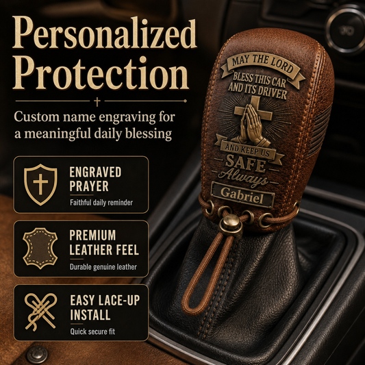 🙏 "Traveler's Blessing" Custom Leather Gear Shift Cover – Faith Behind The Wheel ✨
