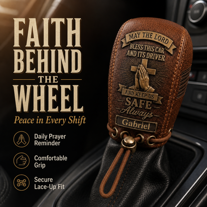 🙏 "Traveler's Blessing" Custom Leather Gear Shift Cover – Faith Behind The Wheel ✨