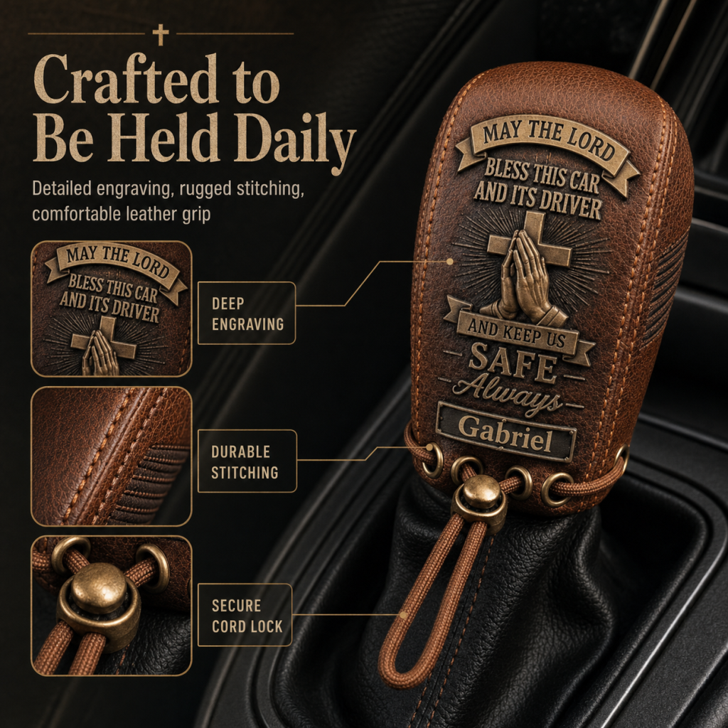 🙏 "Traveler's Blessing" Custom Leather Gear Shift Cover – Faith Behind The Wheel ✨