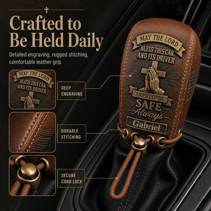 🙏 "Traveler's Blessing" Custom Leather Gear Shift Cover – Faith Behind The Wheel ✨