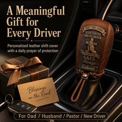 🙏 "Traveler's Blessing" Custom Leather Gear Shift Cover – Faith Behind The Wheel ✨