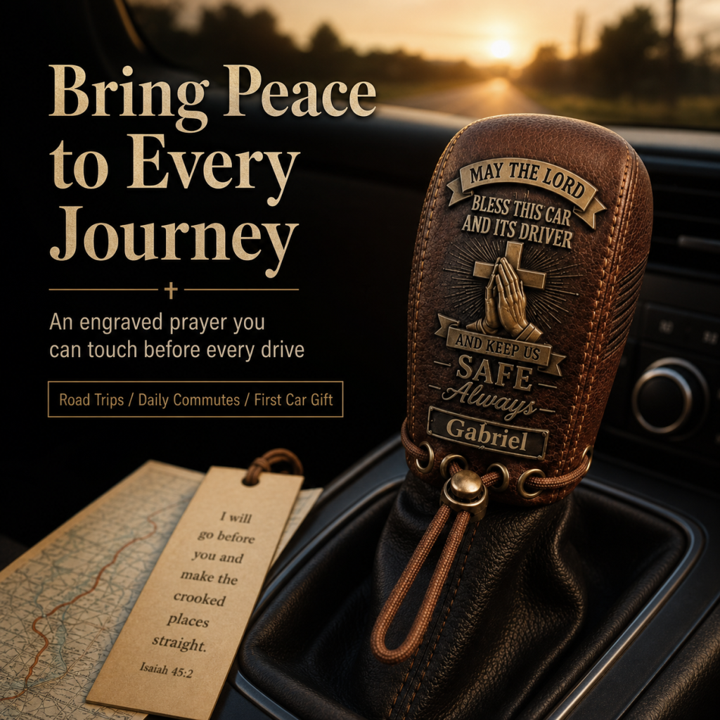 🙏 "Traveler's Blessing" Custom Leather Gear Shift Cover – Faith Behind The Wheel ✨