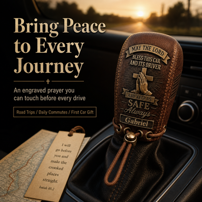 🙏 "Traveler's Blessing" Custom Leather Gear Shift Cover – Faith Behind The Wheel ✨