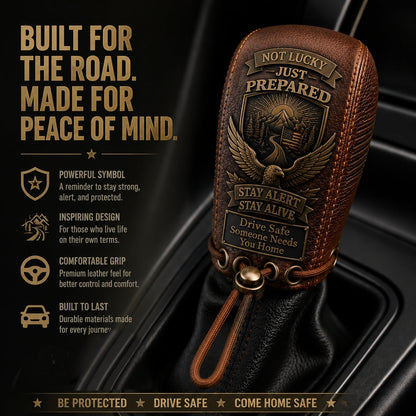 "Built for the Road. Made for Peace of Mind." Premium Leather Gear Shift Cover