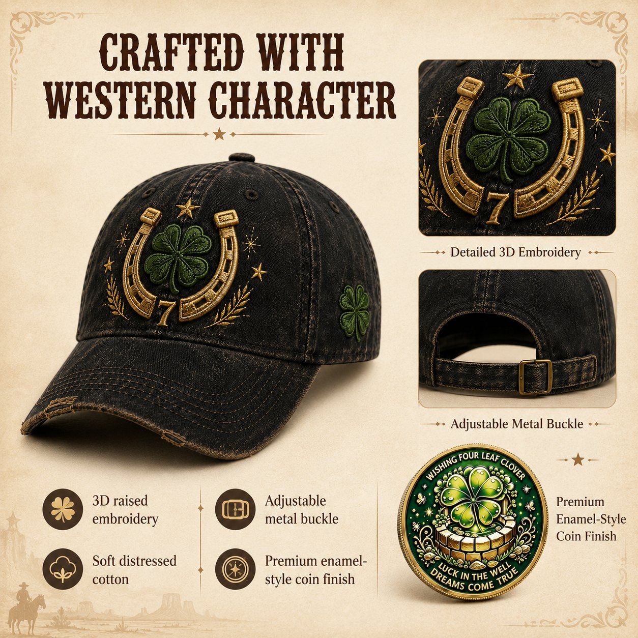 🍀Fortune Favors the Bold Vintage Lucky Cap – Free Clover Coin Included