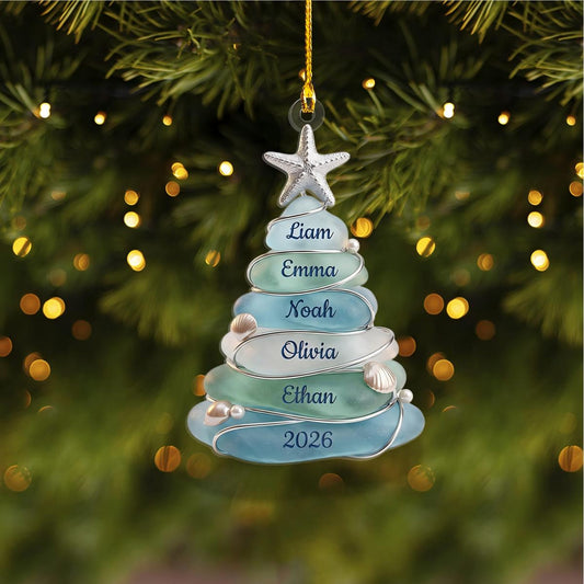 Custom Sea Glass Tree Ornament, Beach Family Christmas Decor, Coastal Keepsake