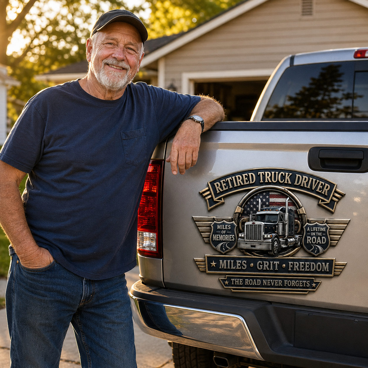 Retired Truck Driver Miles Grit Freedom Metal Car Emblem