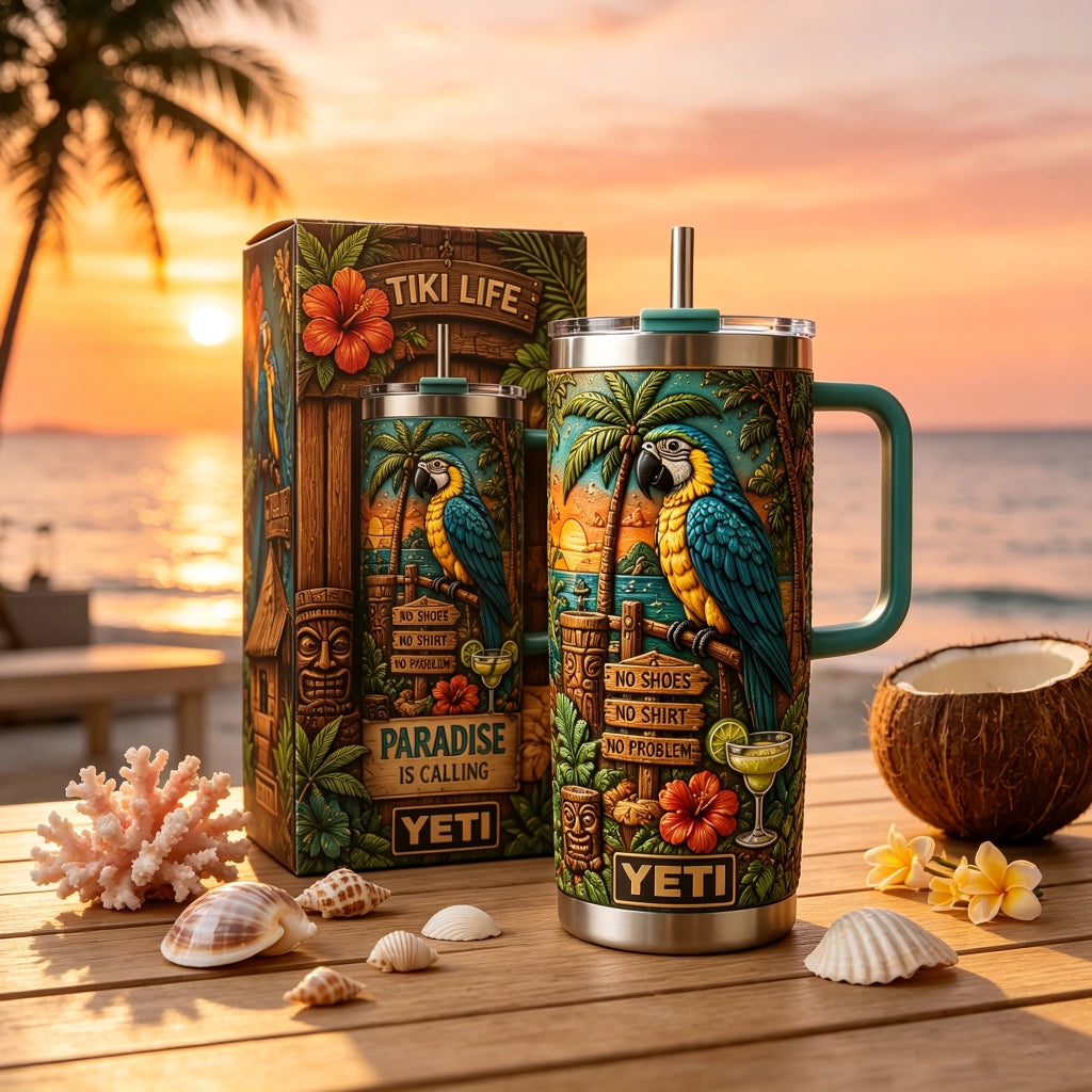 Personalized Tiki Life Tropical Parrot Beach Handle Tumbler