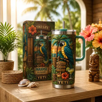 Personalized Tiki Life Tropical Parrot Beach Handle Tumbler