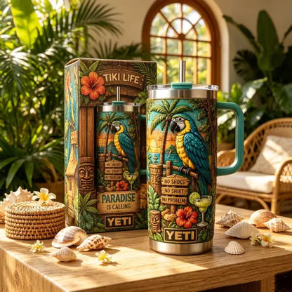 Personalized Tiki Life Tropical Parrot Beach Handle Tumbler