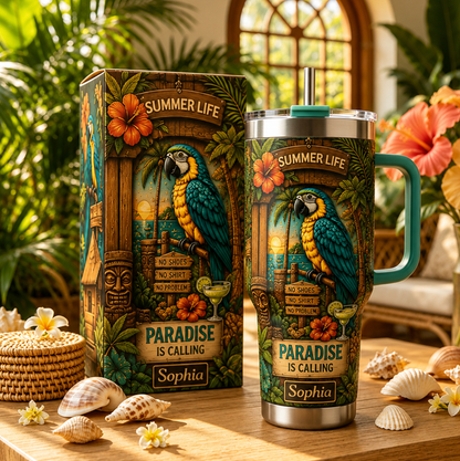 Personalized Summer Life Tropical Parrot Beach Handle Tumbler
