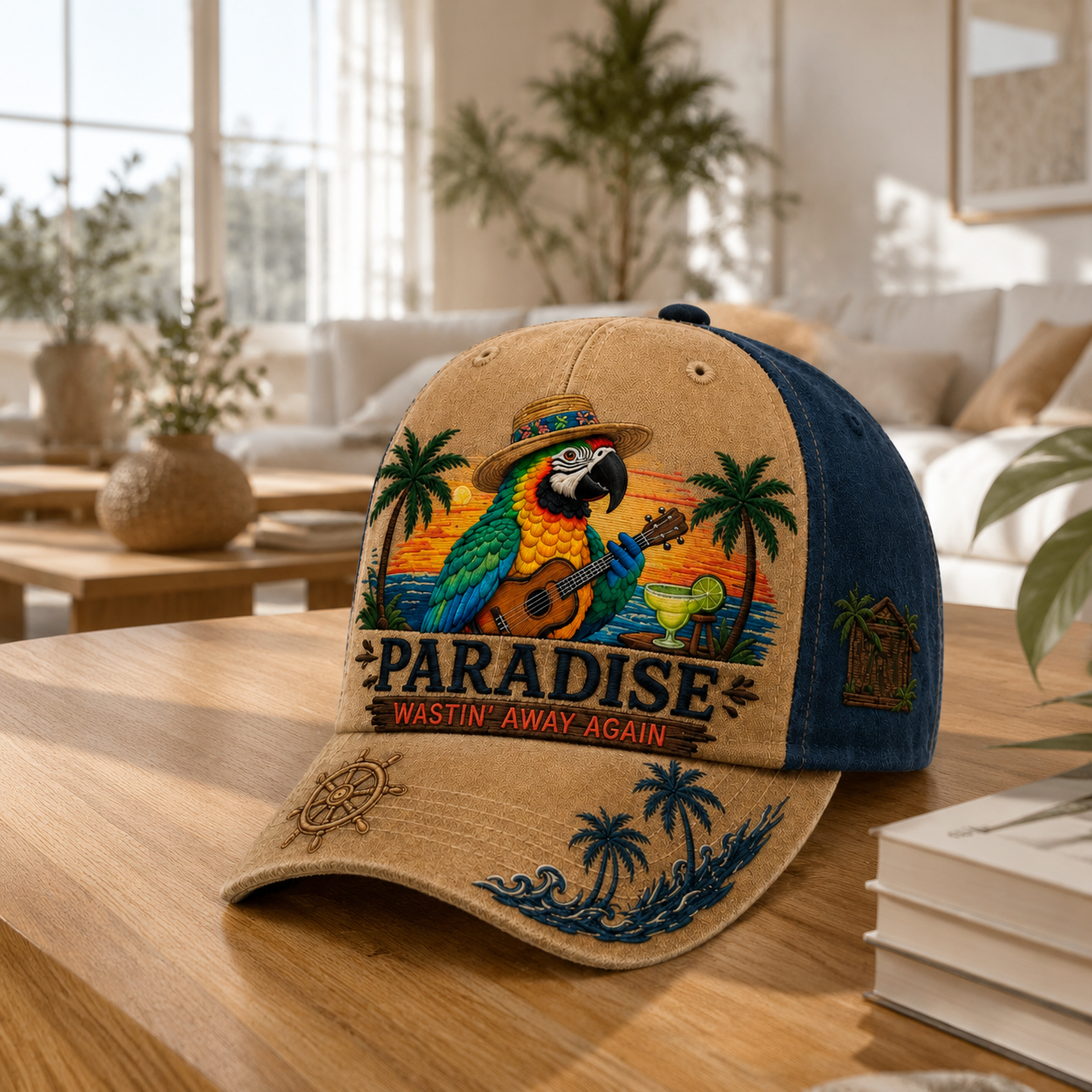 Tropical Parrot Embroidered Vintage Washed Denim Cap