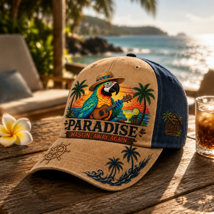 Tropical Parrot Embroidered Vintage Washed Denim Cap