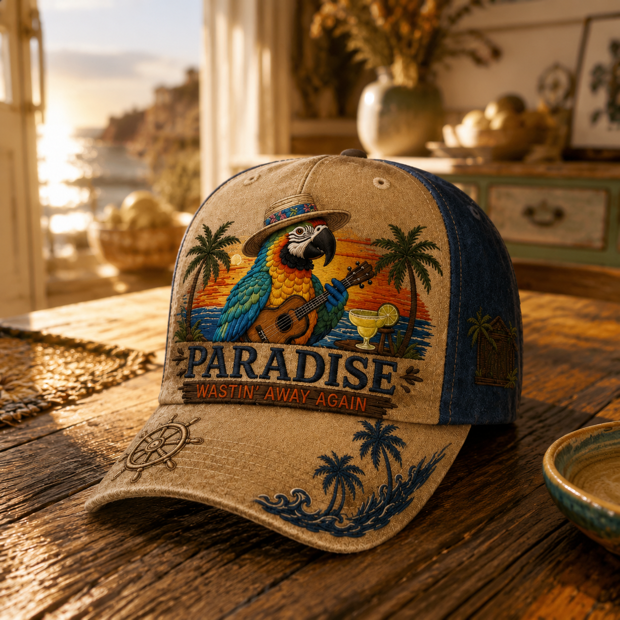 Tropical Parrot Embroidered Vintage Washed Denim Cap
