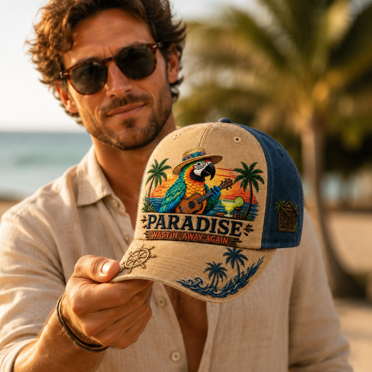 Tropical Parrot Embroidered Vintage Washed Denim Cap