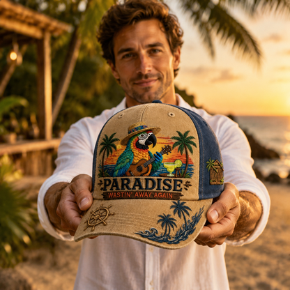 Tropical Parrot Embroidered Vintage Washed Denim Cap