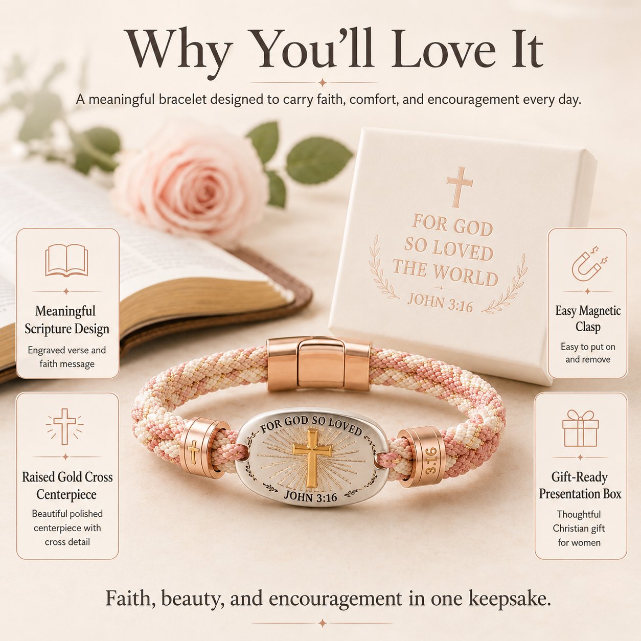 ✝️ Christian Scripture Faith Bracelet Collection – 6 Meaningful Bible Verse Designs with Raised Gold Cross, Magnetic Clasp &amp; Matching Gift Box 🙏✨