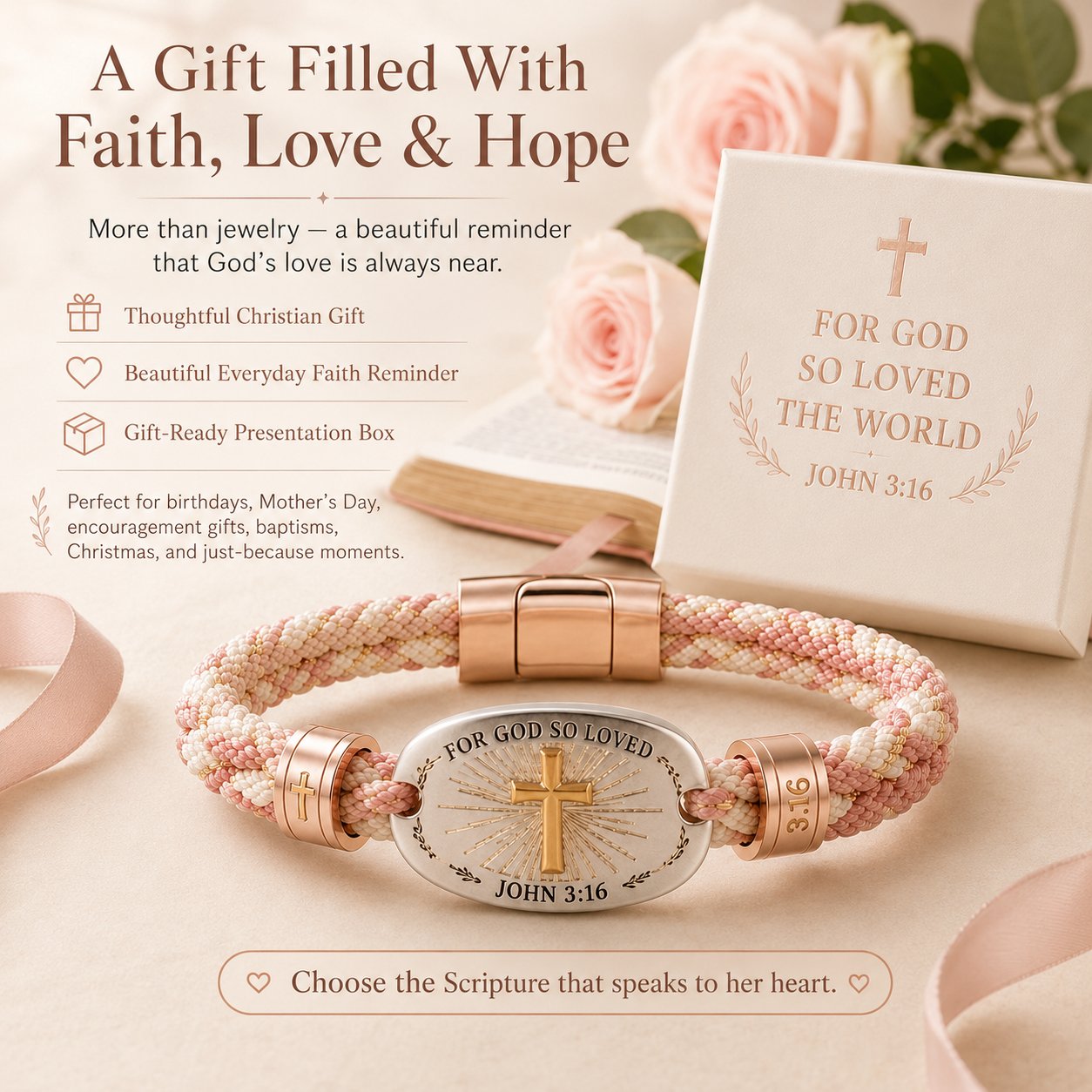 ✝️ Christian Scripture Faith Bracelet Collection – 6 Meaningful Bible Verse Designs with Raised Gold Cross, Magnetic Clasp &amp; Matching Gift Box 🙏✨