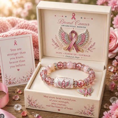 🎗️ Pink Ribbon Angel Wings Bracelet — Breast Cancer Awareness Hope & Strength Beaded Bracelet with Gift Box