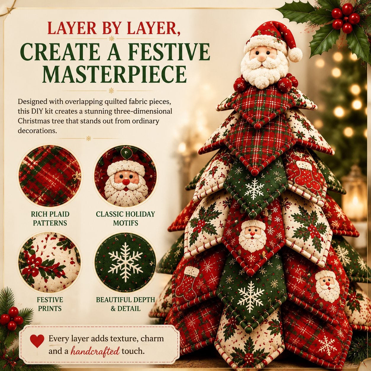 🎄 DIY Quilted Christmas Tree Kit – Handmade Fabric Holiday Tabletop Tree Decor ✂️✨