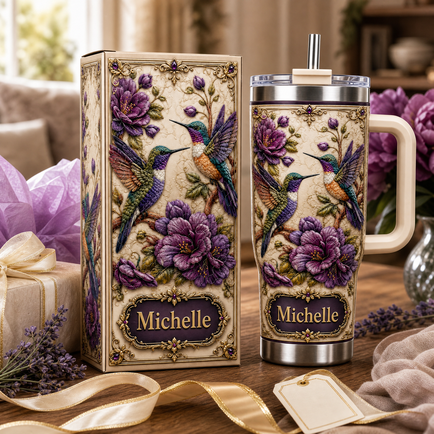 🐦💜Personalized Hummingbird & Purple Flower Tumbler