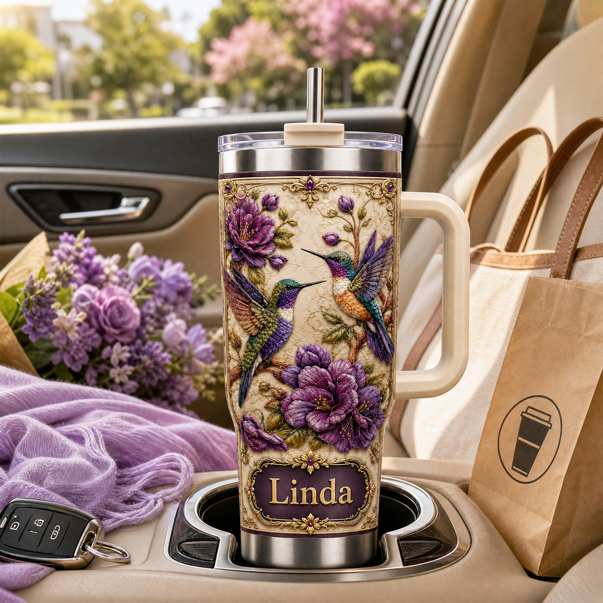 🐦💜Personalized Hummingbird & Purple Flower Tumbler