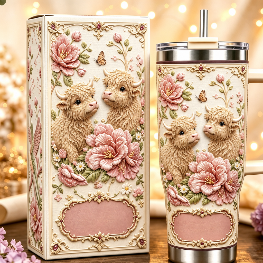 🌺✨ Personalized Highland Cow & Pink Floral Tumbler