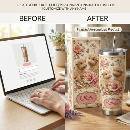 Personalized Highland Cow Floral Tumbler – Custom Name Country Style Cup
