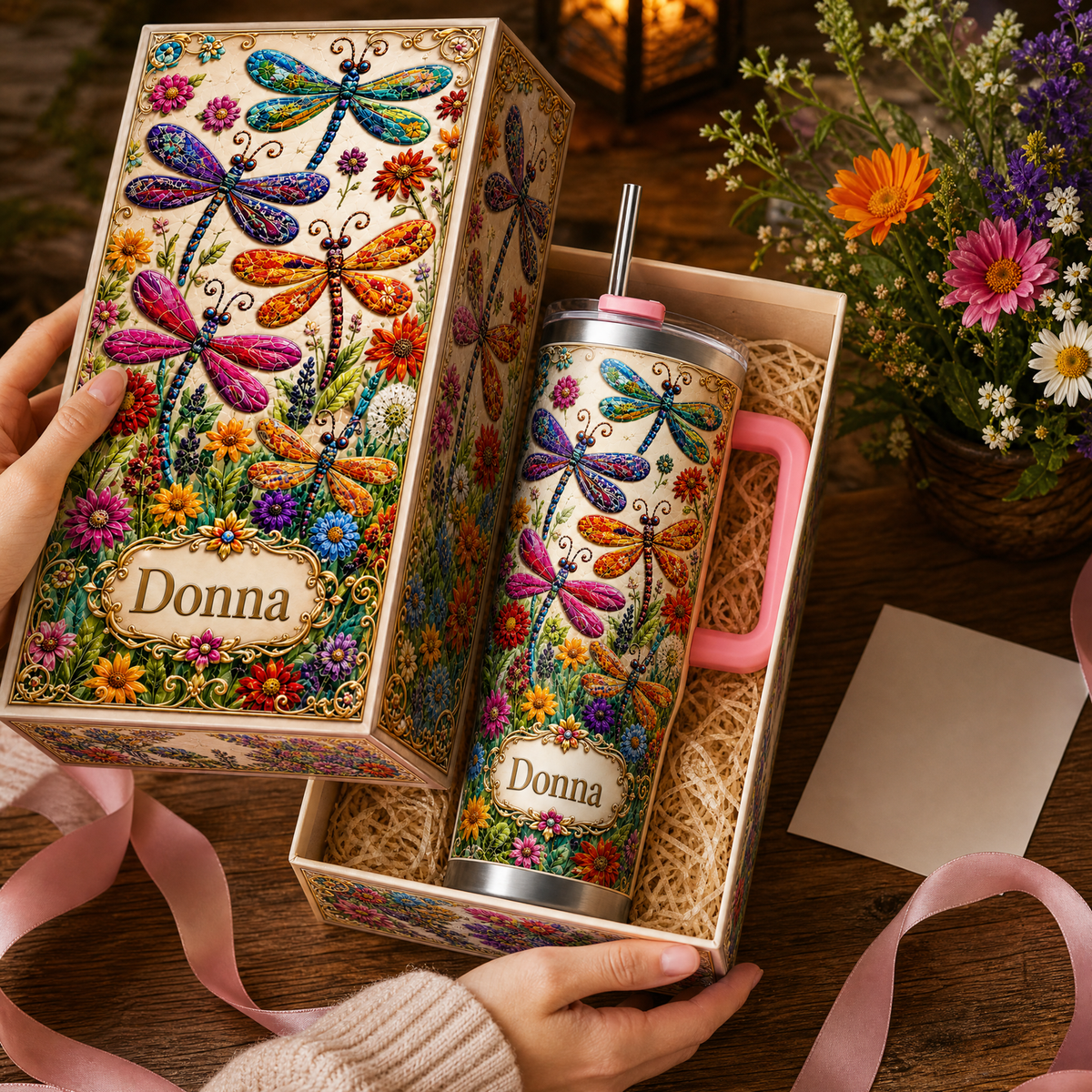 🌿 Personalized Dragonfly Tumbler – Custom Name Wildflower Cup for Her 🦋🌸✨