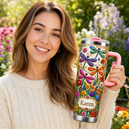 🌿 Personalized Dragonfly Tumbler – Custom Name Wildflower Cup for Her 🦋🌸✨