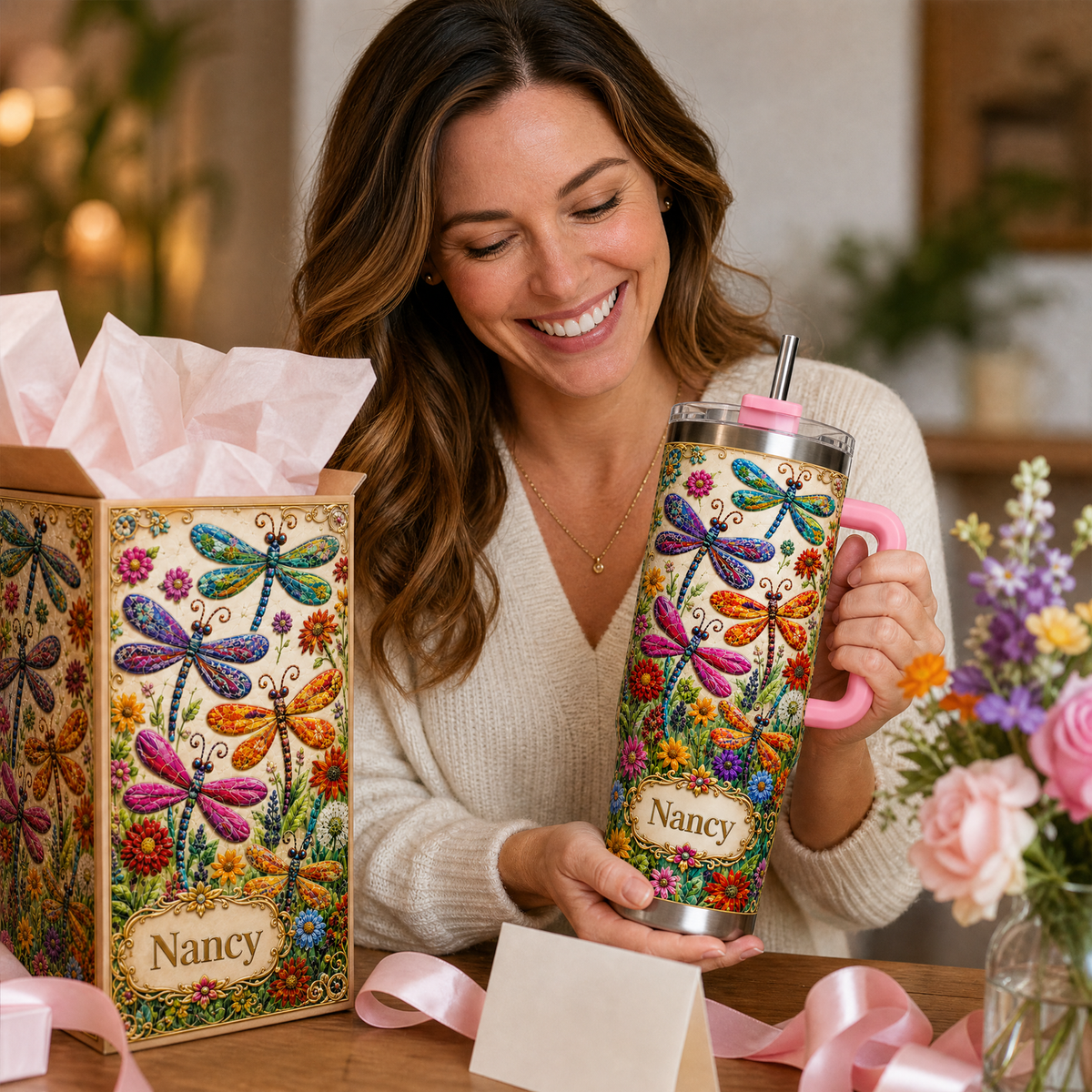 🌿 Personalized Dragonfly Tumbler – Custom Name Wildflower Cup for Her 🦋🌸✨