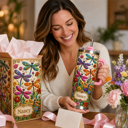 🌿 Personalized Dragonfly Tumbler – Custom Name Wildflower Cup for Her 🦋🌸✨