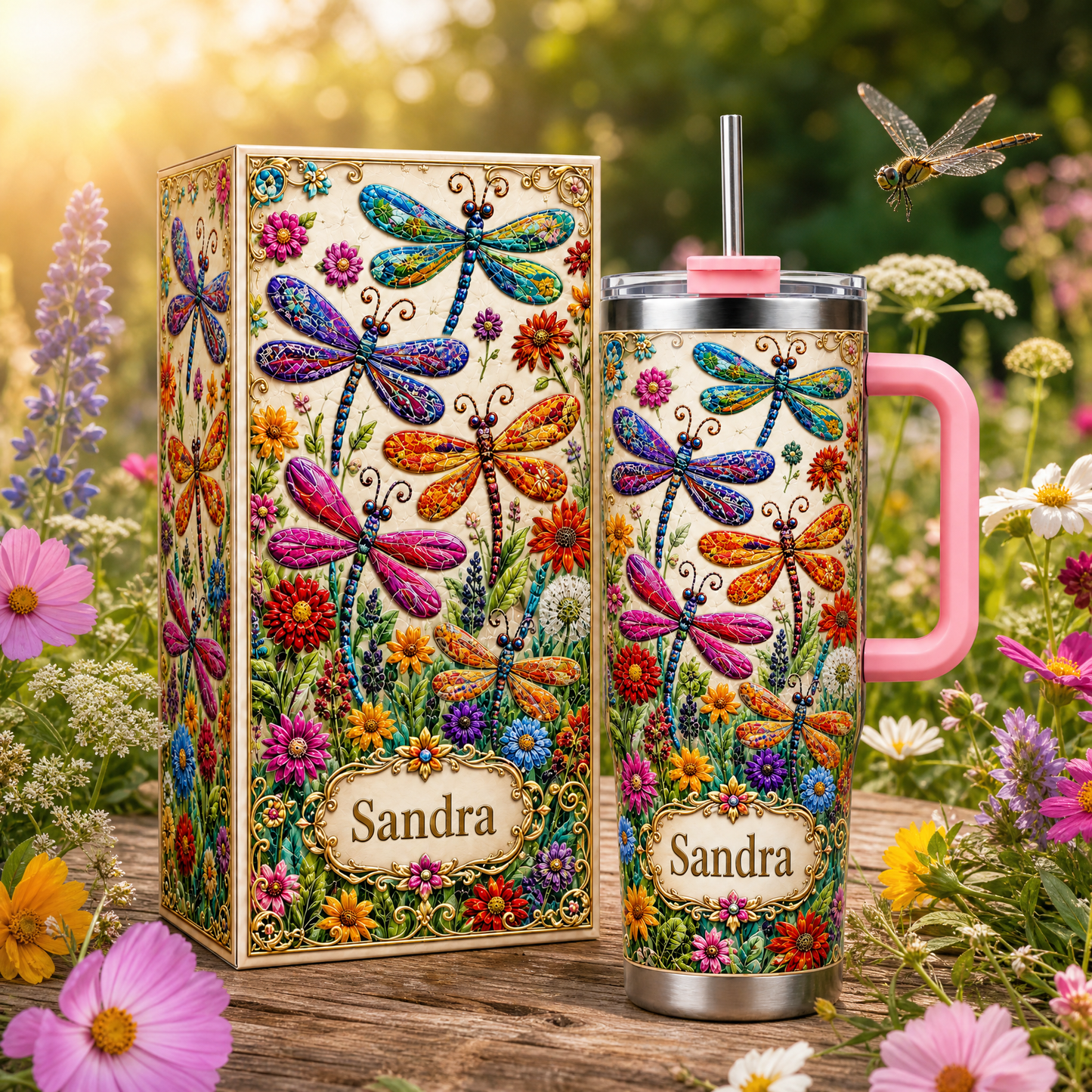 🌿 Personalized Dragonfly Tumbler – Custom Name Wildflower Cup for Her 🦋🌸✨