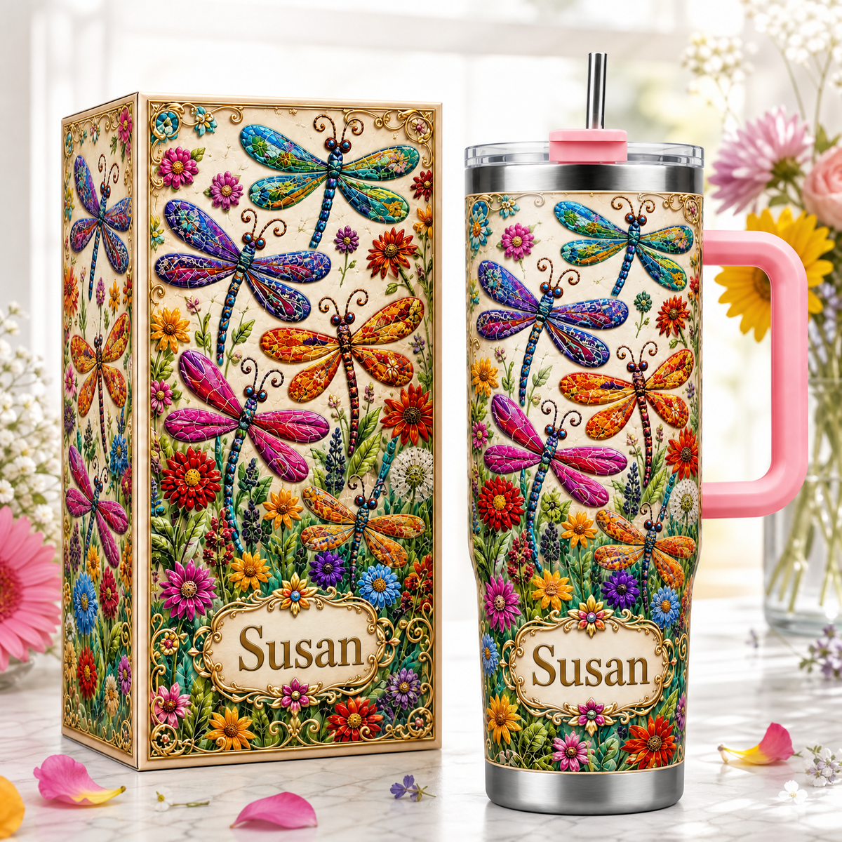 🌿 Personalized Dragonfly Tumbler – Custom Name Wildflower Cup for Her 🦋🌸✨